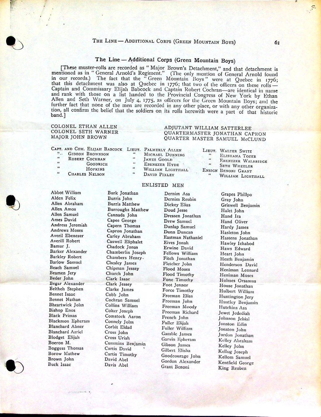 Green Mountain Boys (Brown's detachment) muster roll 1